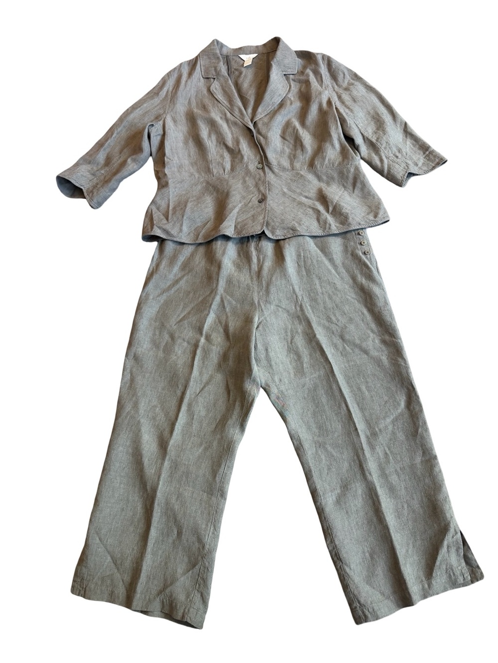 J. Jill Heather Green Linen Peplum Jacket Wide Leg Pants Set Seam Size 20 Women